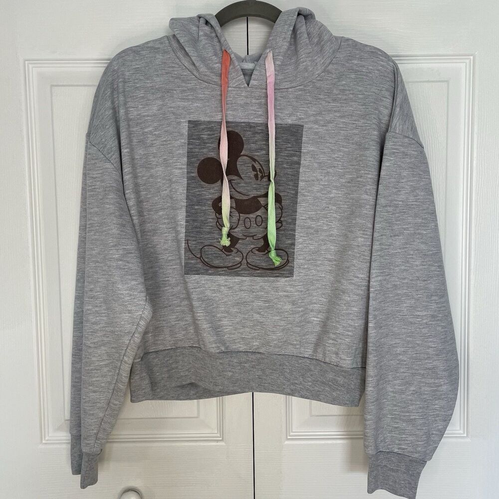 Disney Mickey Mouse Cropped Heather Gray  Pullover Hoodie Women’s Size XL